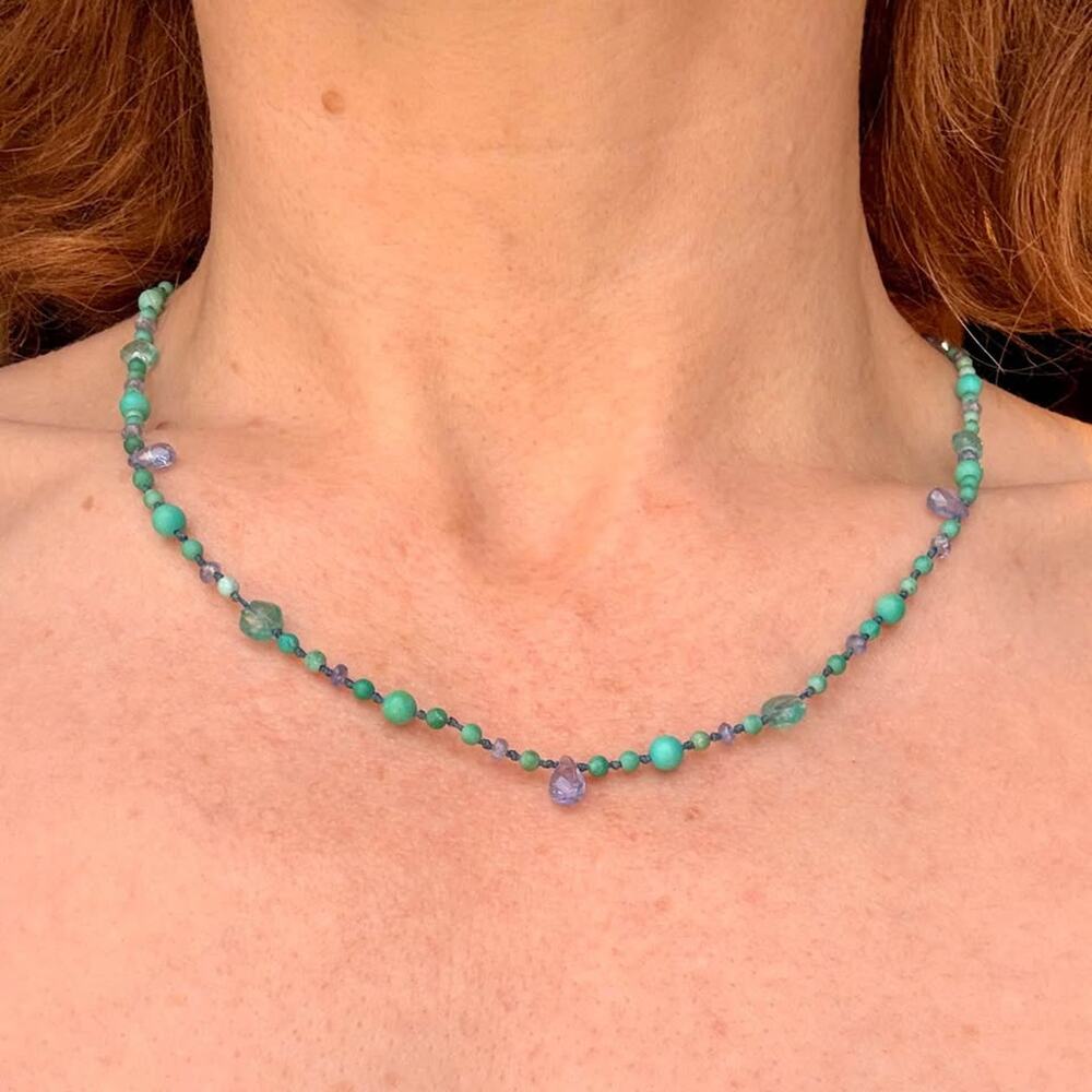 Amethyst, Natural Turquoise and Aventurine Hand Knotted Silk Necklace